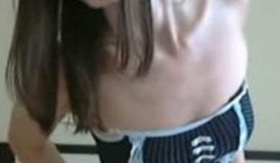 Skinny a bit shy amateur webcam hottie poses in her darksome lingerie