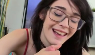Four eyed spoiled blackhead Ivy Aura got down on knees to show off her great oral job skills to kinky dude