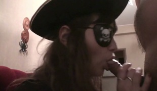 Hawt pirate Julia sucking massive cock deepthroat in POV clip