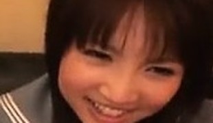 Cute Asian schoolgirl gives him a blowjob, then washes her