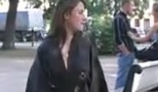 Wicked in public Hotty in a matrix coat flashing in the park