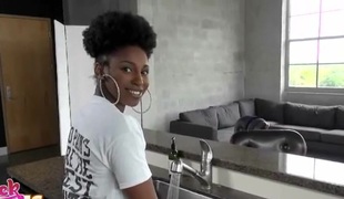 Cute black hottie with sexy body takes dick unfathomable in mouth
