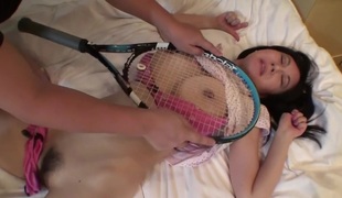 Uncensored Japanese milf affair with tennis racket Subtitled