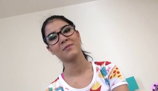 Nerdy hotty goes absolutely wild and lets the fat guy drill her depths