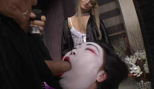 Oriental wench Nicoline gets her white face drilled in unfathomable mouth threesome with blonde hotty Cayenne Klein. They suck Rocco Siffredis cock and balls on cam for your viewing joy